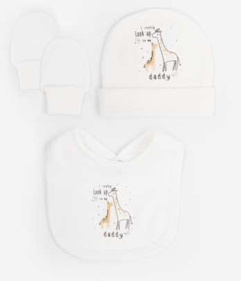 Pack bébé composé d'un bonnet, de moufles et d'un bavoir pour garçon
