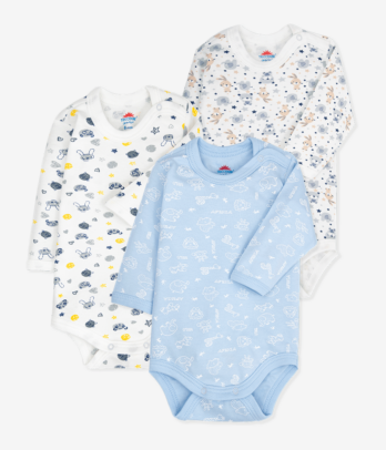 Lot de trois body imprimés pour bébé garçon couleur Bleu et Blanc