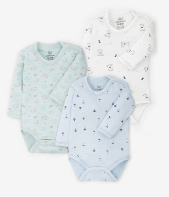 Lot de trois body imprimés pour bébé garçon couleur Vert d'eau/Blanc/Bleu