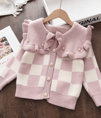 Cardigan à carreaux rose et blanc pour fille