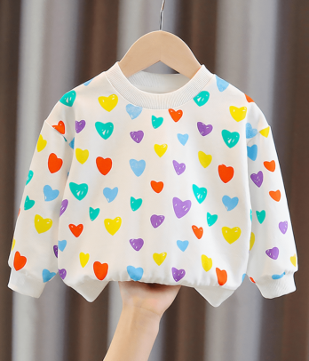 Sweat blanc à petits cœurs colorés pour fille