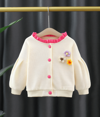 Cardigan pour fillettes blanc à boutons roses