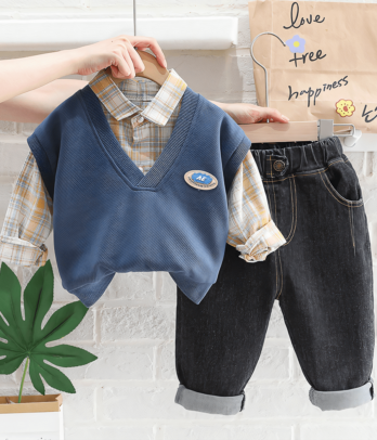 Ensemble chemise à carreaux, pull sans manches et jean noir