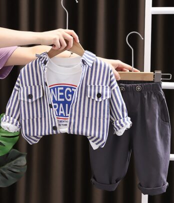 Ensemble trois pièces chemise à rayures sweat et pantalon pour garçon