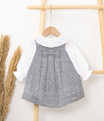 Robe grise à petits pois avec chemisier blanc pour fille