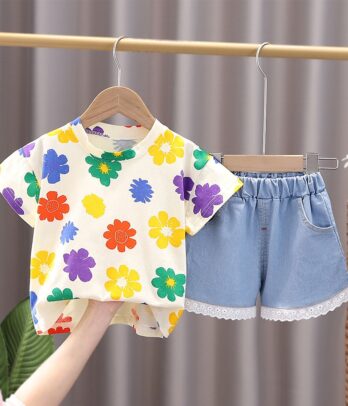 Ensemble 2 pièces à fleurs colorées pour fille