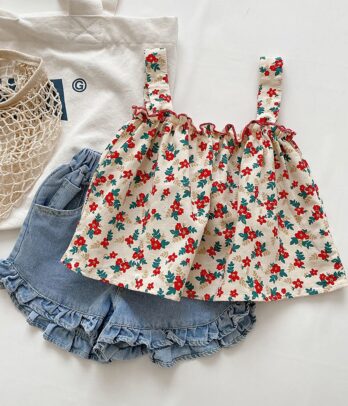 Ensemble chic à petites fleurs rouges pour filles