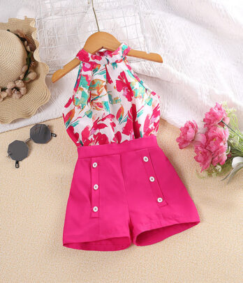 Ensemble de short satiné et crop fleuri pour petites filles