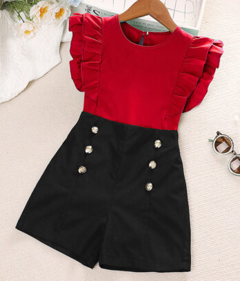 Ensemble 2 pièces haut rouge et short noir pour fille