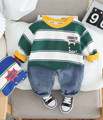 Ensemble deux pièces pull 'Green Stripe Cool' et jean pour garçon