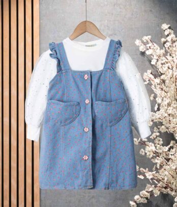 Ensemble de robe en jean fleurie et pull blanc pour fillettes