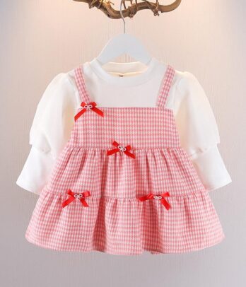 Ensemble robe rouge et pull blanc effet pied de poule pour fillettes