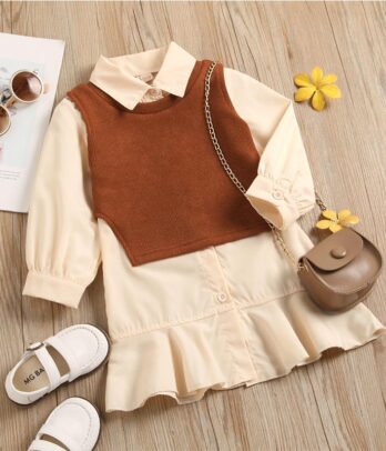 Chemisier liquette beige et pull sans manches pour filles