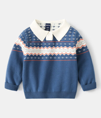 Pull Polo Bleu à Motif de Fête pour Garçon