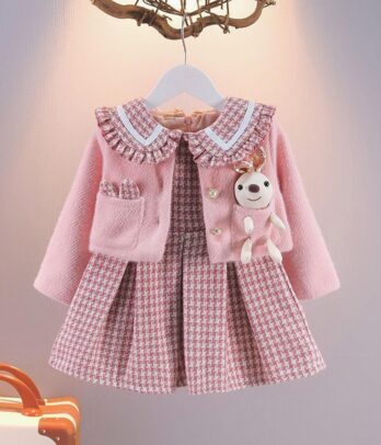 Robe à carreaux rose et gilet lapinette