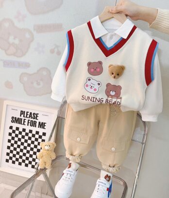 Ensemble 3 pièces chemise blanche gilet ours sans manches