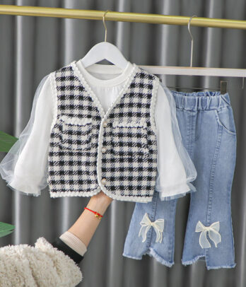 Ensemble haut à carreaux et jean pour filles
