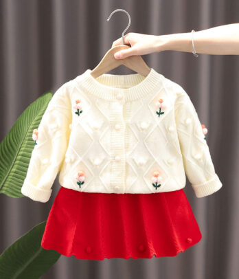 Ensemble jupe rouge et cardigan blanc pour filles