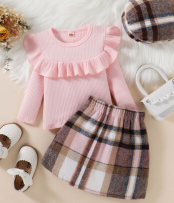 Ensemble jupe à carreaux et pull rose pour filles