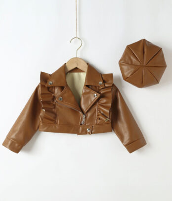 Veste en cuir marron style motard pour fille