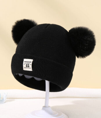 Bonnet noir à double boule pour enfant