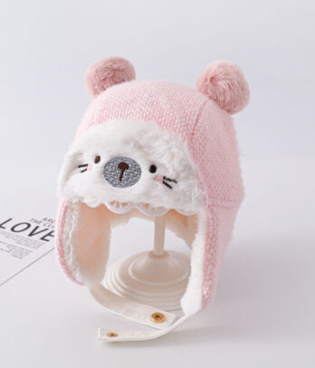 Bonnet cache-oreilles à double boule de couleur rose