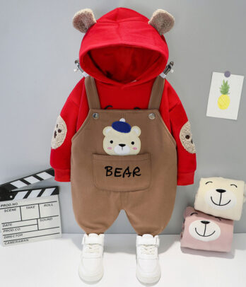 Ensemble salopette ‘Little Bear’ marron avec sweatshirt rouge
