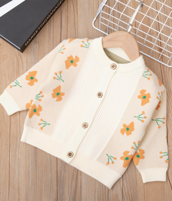 Cardigan beige et blanc à fleurs oranges pour petites filles