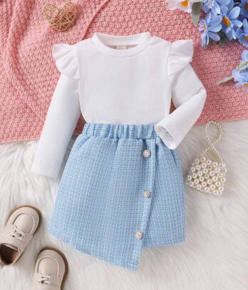 Ensemble de jupe bleu et pull blanc pour bébé filles