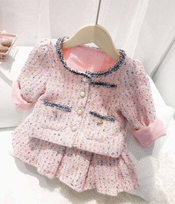 Ensemble de jupe et veste classique en tweed rose pour fille