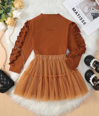Ensemble de jupe en tulle et pull marrons pour fillettes