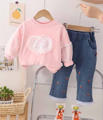 Ensemble de sweat rose et pantalon en jean pour filles