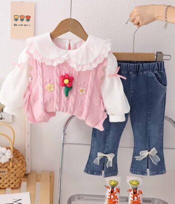 Ensemble de pull rose et pantalon en jean pour fillettes