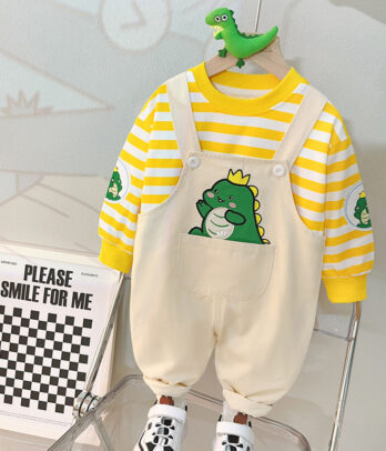 Salopette "Roi dino" et pull à rayures jaune