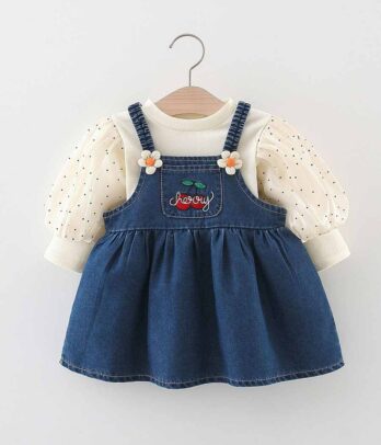 Ensemble de robe en jean et pull beige à manches bouffantes pour filles