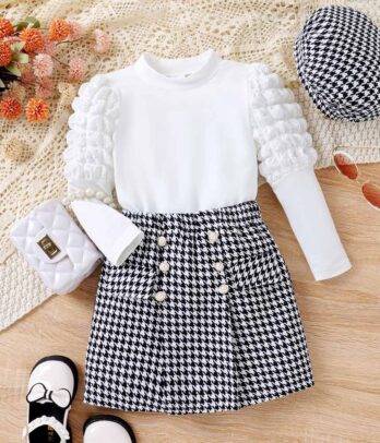 Ensemble de jupe à carreaux et pull blanc pour fillettes