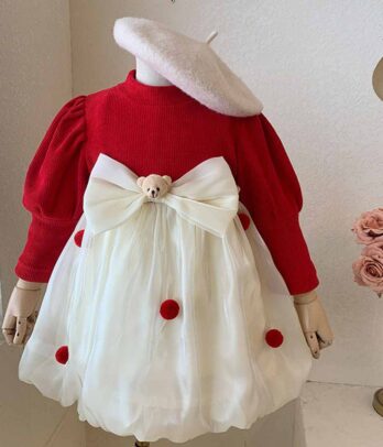 Robe rouge et blanche à nœud papillon pour filles