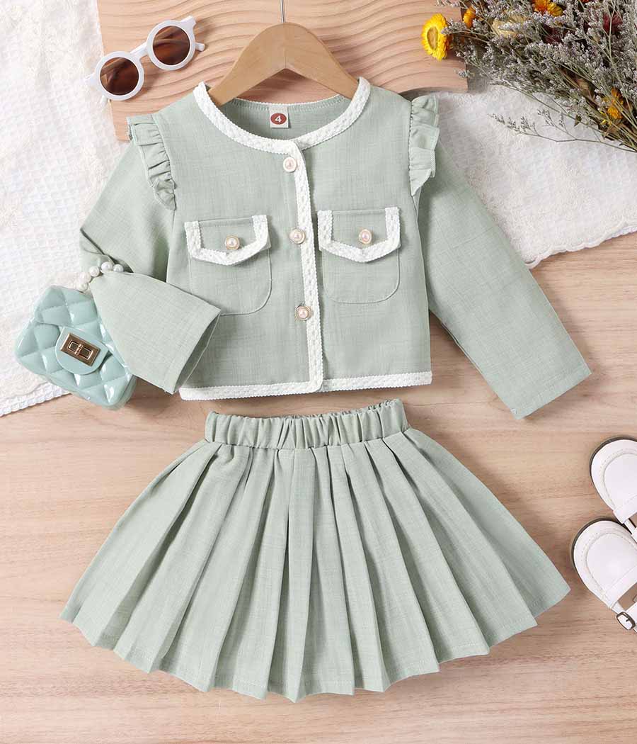 35349-01 Ensemble de jupe et chemise classique vert pastel – Image 1