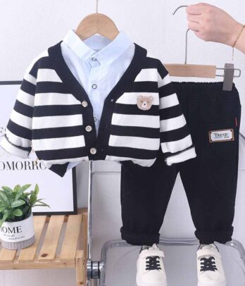 Ensemble de trois pièces classique à cardigan noir à rayures