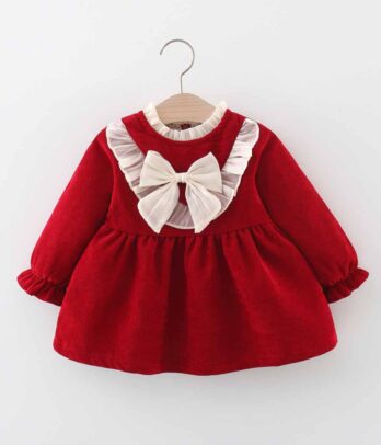 Robe rouge en daim à nœud papillon beige pour filles