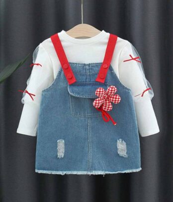 Ensemble de robe en jean à fleur rouge et pull blanc pour filles