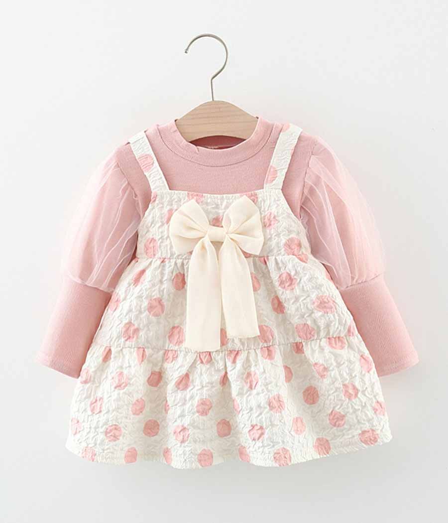 65245-01-3 Robe blanche à pois rose effet pull rose pour filles – Image 1