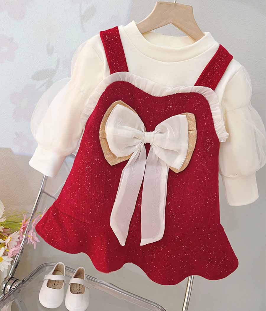 73161-01-2 Robe rouge en velours à nœud papillon avec pull beige – Image 1
