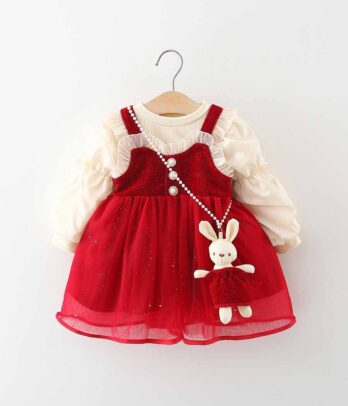 Ensemble de robe rouge en tulle à petit lapin