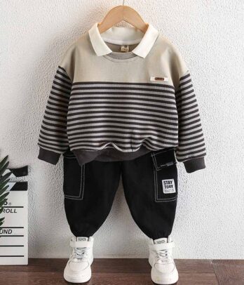 Ensemble 2 pièces pantalon noir et pull à rayures pour garçons