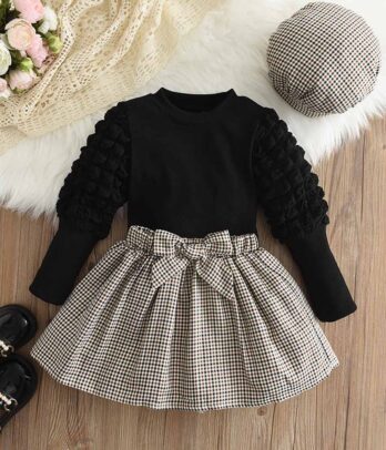 Ensemble de jupe, pull et béret style européen pour fillettes