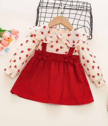 Robe en daim rouge effet chemise florale à col Claudine