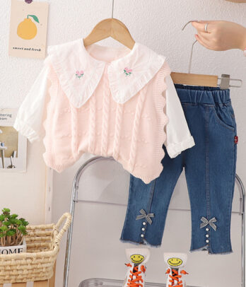 Ensemble de pull rose et pantalon en jean pour fillettes