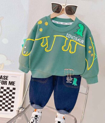 Ensemble deux pièces à sweat "Dinosaure" vert pour garçons :