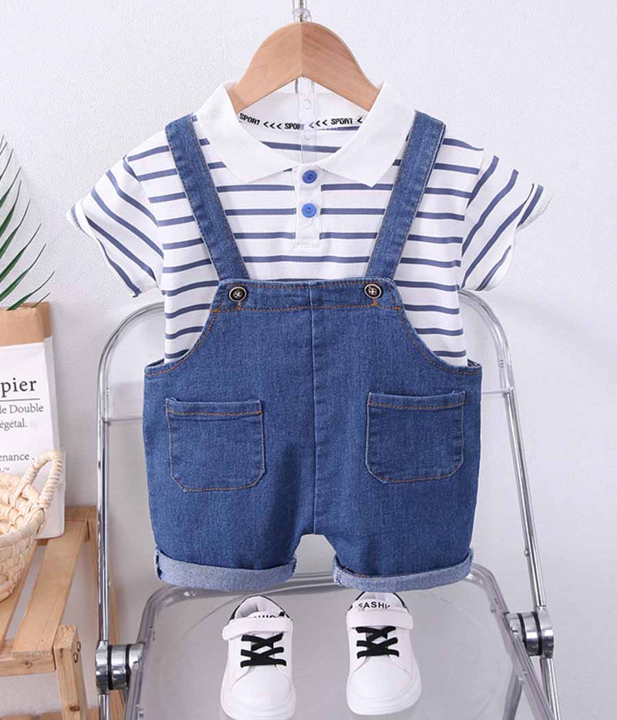 71345-01 Ensemble de salopette en jean et T-shirt à rayures unisexe – Image 1
